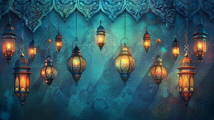 Lantern with Islamic Background. Ramadan Kareem, Copy Space.