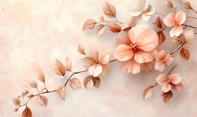 Wall Mural - Peach-Colored Flowers and Leaves on a Cream Background