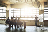 Fototapeta Zwierzęta - Presentation, speaker and business people in meeting for planning, discussion and feedback. Startup company, office and men and women with whiteboard for teamwork, collaboration and project ideas