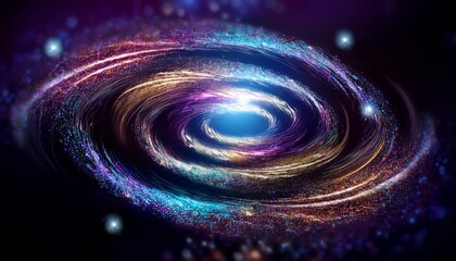 Wall Mural - Abstract Iridescent spiral swirl made of shining particles. Sparkling galaxy spinning in darknes