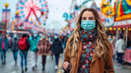 Poster - Theme park entrance Depict visitors wearing masks while entering a theme park and having their tickets checked by staff, with