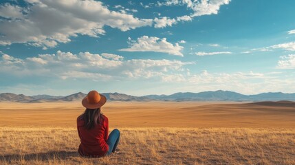 Asian woman sits amidst Gobi Desert's vastness.