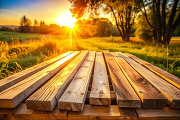 Wall Mural - weathered wooden slats soft warm golden hour sunlight natural stain tones rustic country scenery