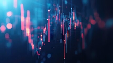 Poster - 3D abstract candlestick chart glowing on a blue background. Captures financial market trends and trading data. Ideal for professional finance and tech-oriented designs.