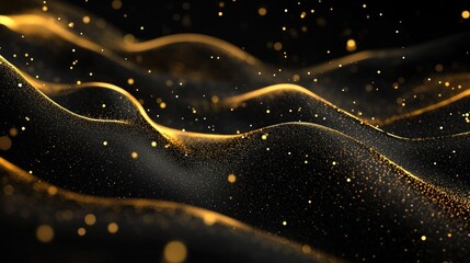 Poster - 3D illustration of a black background with elegant gold lines and sparkles, offering a sophisticated template for text.