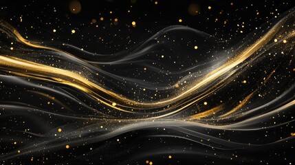 Poster - 3D illustration of a black background with elegant gold lines and sparkles, offering a sophisticated template for text.