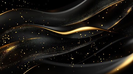 Poster - 3D illustration of a black background with elegant gold lines and sparkles, offering a sophisticated template for text.