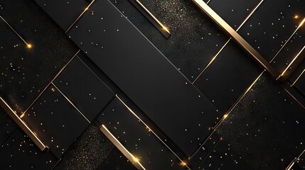 3D illustration of a black background with elegant gold lines and sparkles, offering a sophisticated template for text.