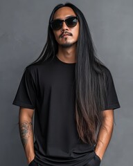 a model exudes confidence while wearing a stylish blank t-shirt with long hair