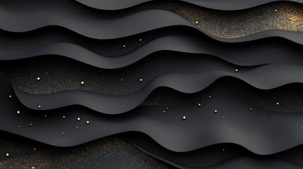 Poster - Abstract 3D background featuring black paper layers with geometric carbon slices and golden glittering dots, creating a sophisticated and textured graphic design.