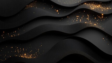 Poster - Abstract 3D background featuring black paper layers with geometric carbon slices and golden glittering dots, creating a sophisticated and textured graphic design.