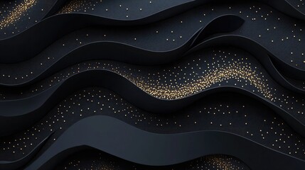 Poster - Abstract 3D background featuring black paper layers with geometric carbon slices and golden glittering dots, creating a sophisticated and textured graphic design.