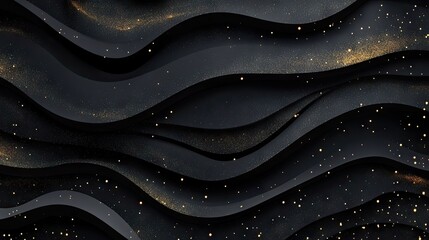 Poster - Abstract 3D background featuring black paper layers with geometric slices and golden glittering dots, creating a modern and textured graphic design.