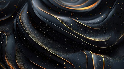 Poster - Abstract 3D black background with curved gold lines and shimmering sparkles, creating a luxurious and elegant template design with ample copy space for text. -
