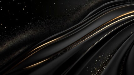 Poster - Abstract 3D black background with elegant, curved gold lines and subtle sparkles, offering luxurious style and copy space for text. -