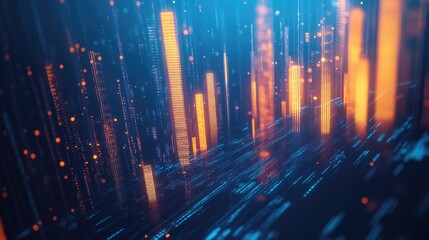 Poster - Abstract 3D business chart with glowing candlesticks on a blue background. Captures the essence of financial markets and trade data. Great for professional finance graphics.