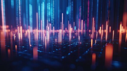 Wall Mural - Abstract 3D candlestick chart with luminous features on a blue background. Represents trading and financial market trends. Great for finance-related graphics and reports.