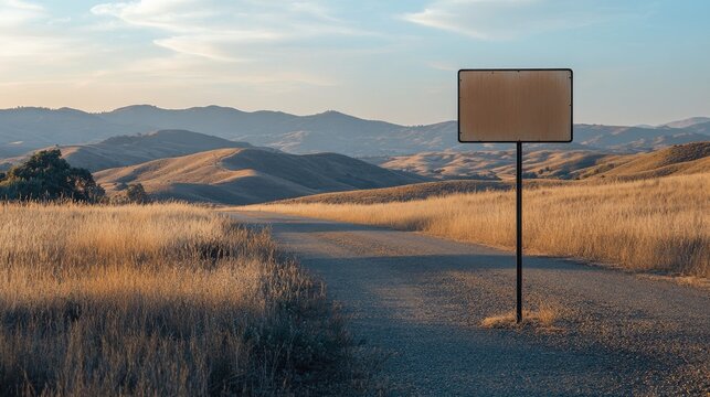 Blank metal sign on a pole, standing on a quiet country road with rolling hills in the background