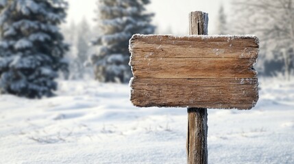 Poster - Blank wooden sign with a rough, natural texture, standing in a snowy landscape, with snow-covered trees in the background