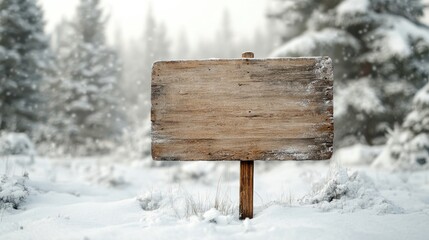 Poster - Blank wooden sign with a rough, natural texture, standing in a snowy landscape, with snow-covered trees in the background