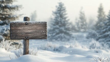 Poster - Blank wooden sign with a rough, natural texture, standing in a snowy landscape, with snow-covered trees in the background
