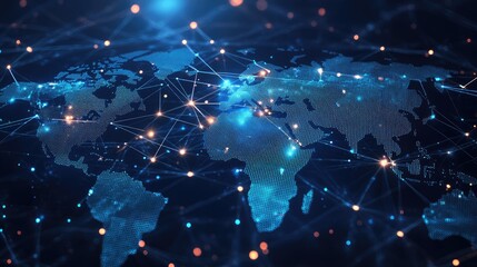 Abstract global business map with interconnected data points and network lines. The vector illustration depicts telecommunication connections across continents.