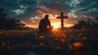 ©  Dreamy Shots - Silhouette of man kneeling near the wooden Christian cross during a sunset. Spiritual moment of prayer and reflection, peaceful surroundings, dramatic sky with warm colors.