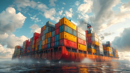 Poster - Illustrate a massive cargo ship loaded with colorful shipping containers stacked high on its deck, ready to embark on a