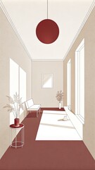 Wall Mural - Minimalist hallway with red accents and modern decor.