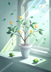 Canvas Print - Lemon tree basking in sunlight by a bright window.