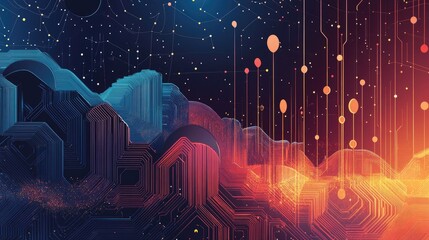 Poster - Abstract vector illustration of Big Data on a futuristic tech background. Hand-drawn design focusing on data mining and management. Ideal for banners, presentations, and tech graphics.