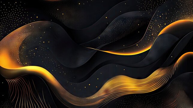 Abstract vector design featuring a sleek black background adorned with shimmering golden elements. The modern luxury theme is perfect for high-end branding or advertising.