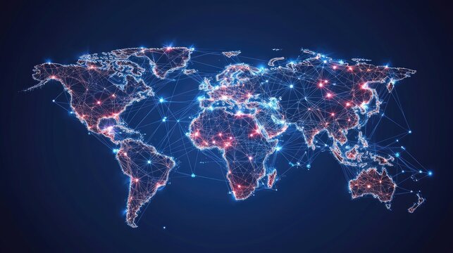 Abstract vector world map highlighting global telecommunication networks with data connections. Modern illustration showcasing business and network interactions.