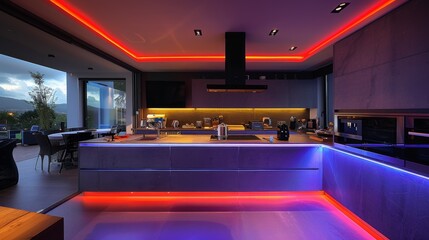 Wall Mural - Transform your kitchen into a chic entertainment zone with a large TV screen and LED strips illuminating the island