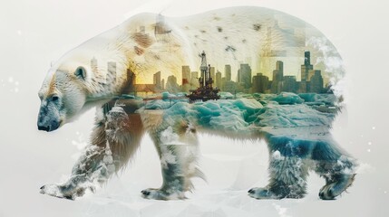 The photo shows a polar bear walking on melting ice with a double exposure of a cityscape