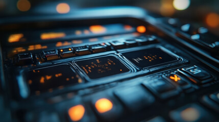 Closeup of a modern mobile phone screen with technology buttons and glowing lights in a futuristic setting.