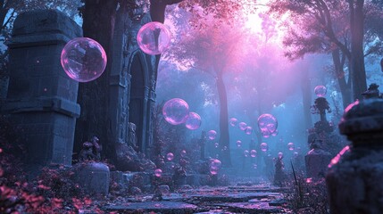 Poster - Comic-style bubbles and splash in pink and blue, set in a haunted forest. 3D realism combines with 50s pop art, creating a high-detail, spooky scene.