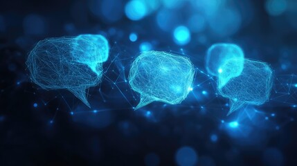Poster - Communication concept on a dark blue polygonal background with glowing speech bubbles. Ideal for e-commerce and virtual networking themes with clear copy space.