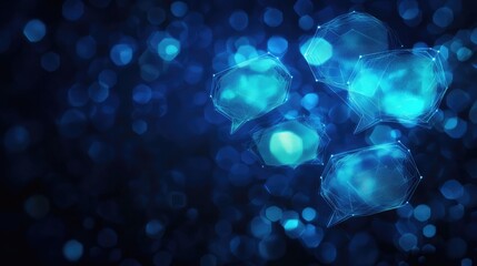 Poster - Communication concept on a dark blue polygonal background with glowing speech bubbles. Ideal for e-commerce and virtual networking themes with clear copy space.