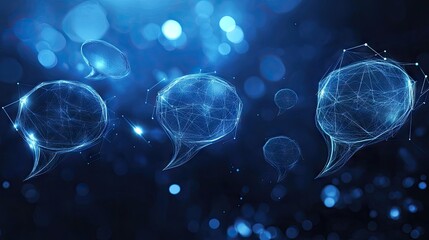 Poster - Communication concept on a dark blue polygonal background with glowing speech bubbles. Ideal for e-commerce and virtual networking themes with clear copy space.