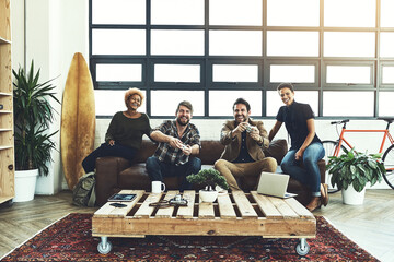 Poster - Console, Happy and business people with video game in office for app development, ui and evaluation. Software, company and developer employees with tech for online platform, performance and testing