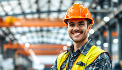 Portrait of cheerful young worker wearing hardhat posing looking at camera and smiling enjoying work at modernPortrait of cheerful young worker weaPortrait of cheerful young worker wearing hardhat p