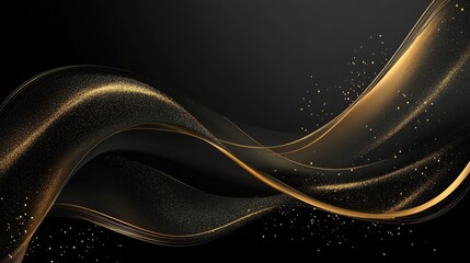 Leinwandbilder - Curved gold lines with sparkling effects on a 3D black background, perfect for a luxury-style template with copy space for text.