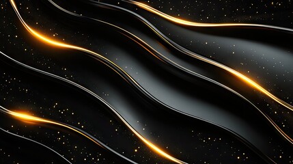 Poster - Curved gold lines with sparkling effects on a 3D black background, perfect for a luxury-style template with copy space for text.