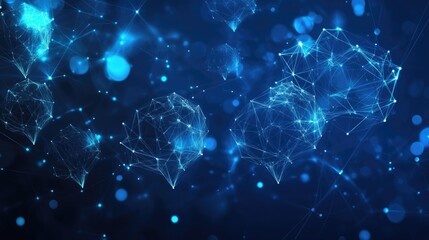 Poster - Dark blue abstract banner with glowing speech bubbles and polygonal patterns. Perfect for communication, dialogue, and virtual networking concepts with ample space for text.