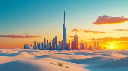  3D illustration featuring an abstract design template of a Middle Eastern skyline, seamlessly blending skyscrapers with natural elements like dune sands. 