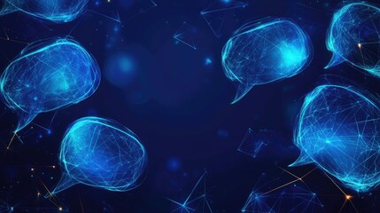 Poster - Dark blue abstract banner with glowing speech bubbles and polygonal patterns. Perfect for communication, dialogue, and virtual networking concepts with ample space for text.