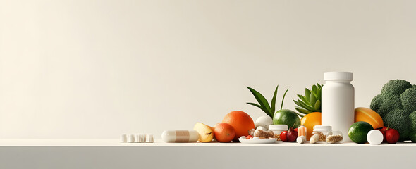 A photo of various natural and organic supplement fruit and veggies including multivitamins and enzyme