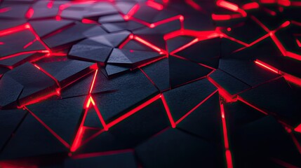 Poster - Dark polygonal backdrop illuminated with glowing red light, offering a cutting-edge and futuristic technology aesthetic.