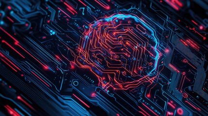 Poster - Digital AI design with intricate circuit lines and electric patterns. Suitable for technology graphics, logos, and website backgrounds. Emphasizes a futuristic machine learning aesthetic.